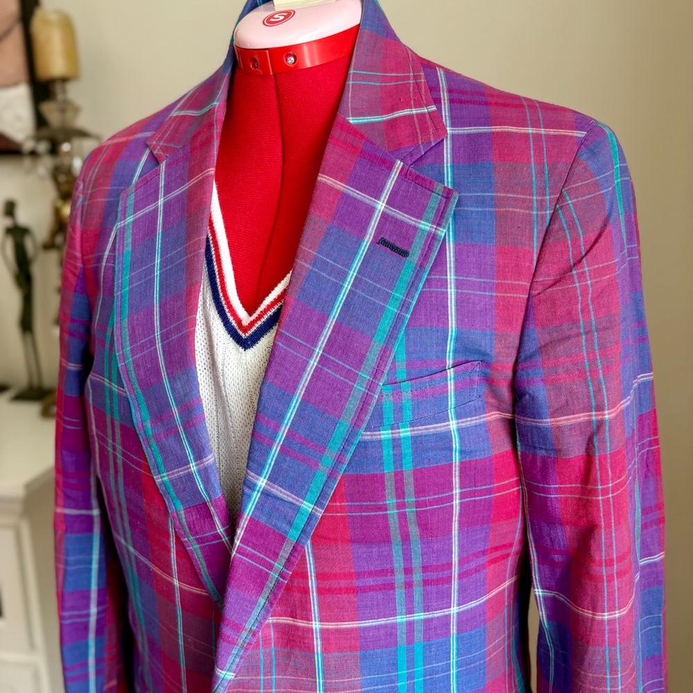 Vibrant Pink & Purple Plaid Men's Blazer - Picture 11 of 16